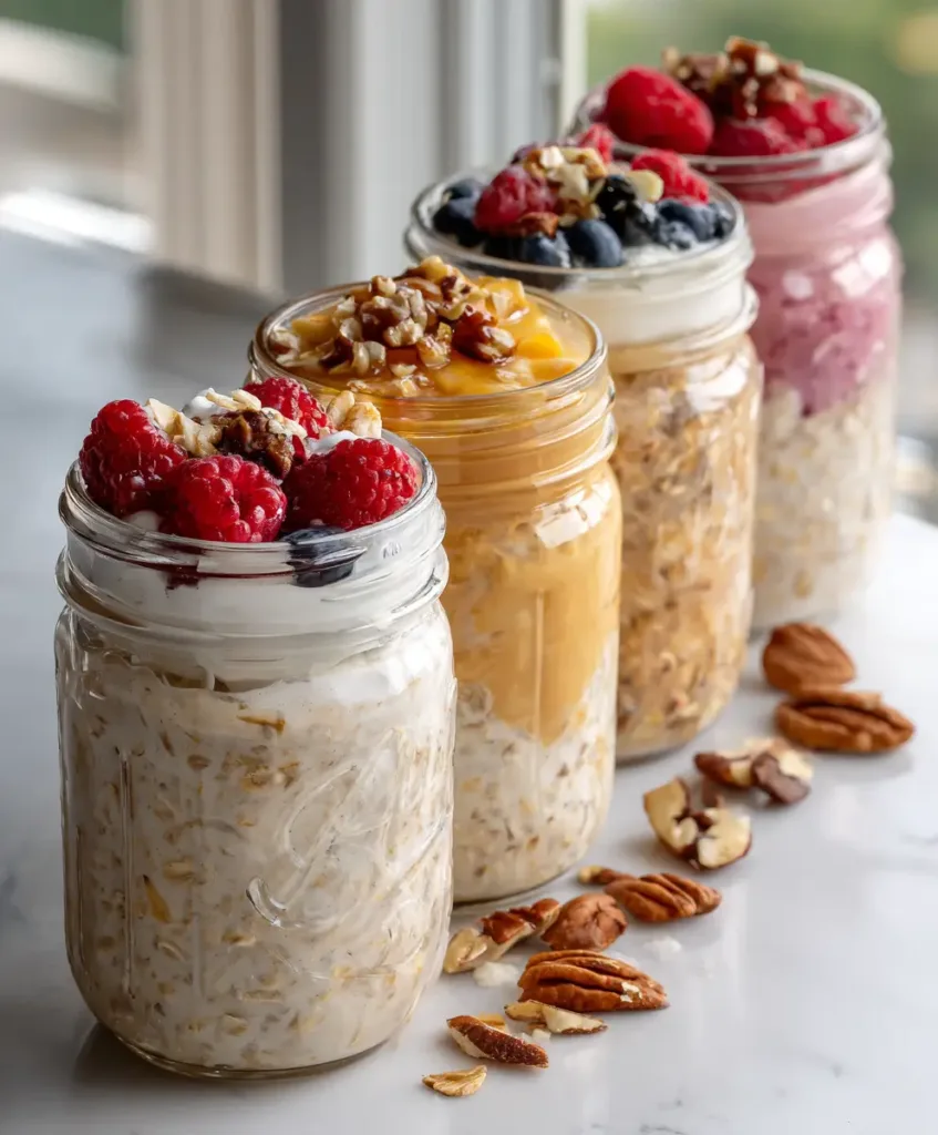 The Best Overnight Oats Recipe With Chia Seeds 6 Five meal prep jars of overnight oats lined up ready for the week