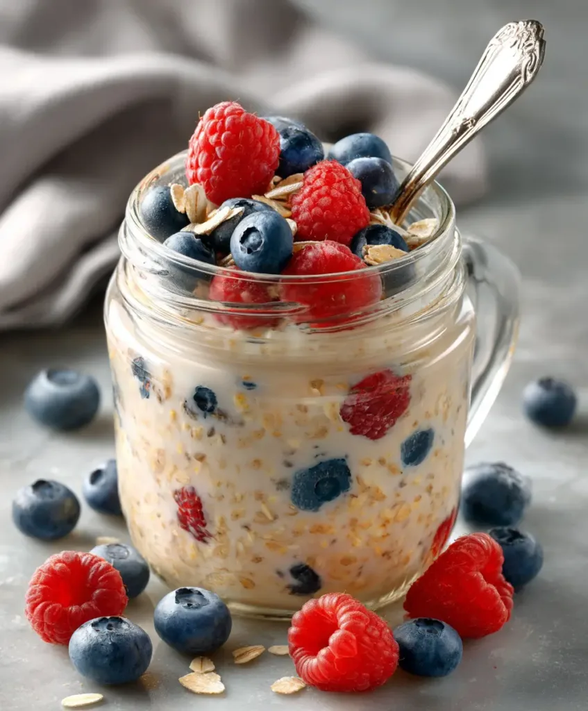 The Best Overnight Oats Recipe With Chia Seeds 2 Overnight oats recipe with chia seeds in a glass jar topped with fresh berries