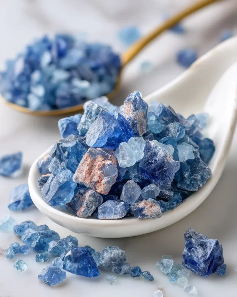 Persian blue salt crystals in a ceramic spoon — the key ingredient in the blue salt trick for men