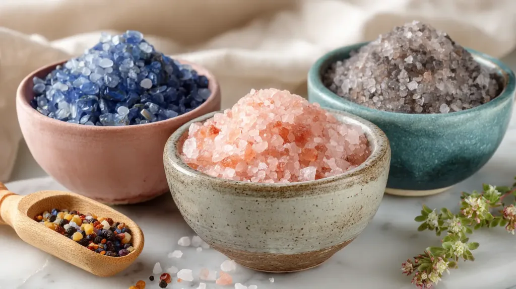 Three bowls comparing Persian blue salt, Himalayan pink salt, and Celtic sea salt side by side