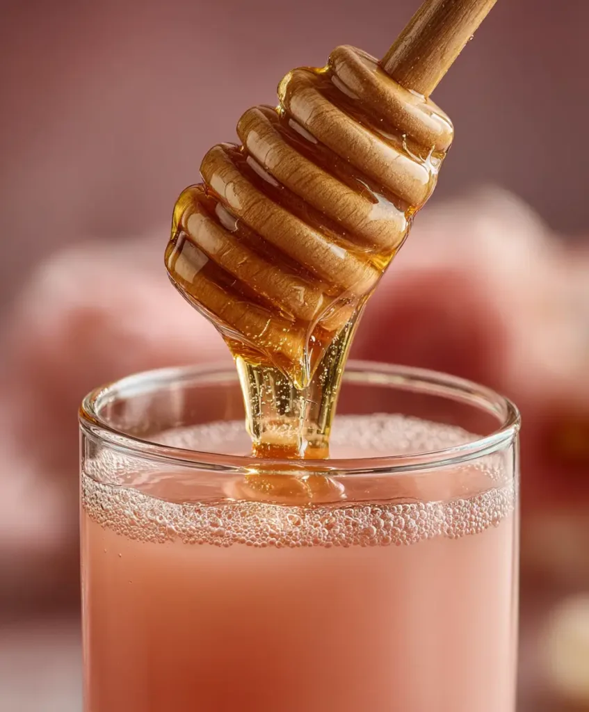 raw honey drizzling from a dipper into a pink gelatin diet recipe drink