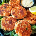 Homemade salmon patties served on a plate with fresh herbs and lemon wedges