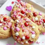 Valentine Sprinkle M&M Cookies decorated with colorful sprinkles and M&Ms