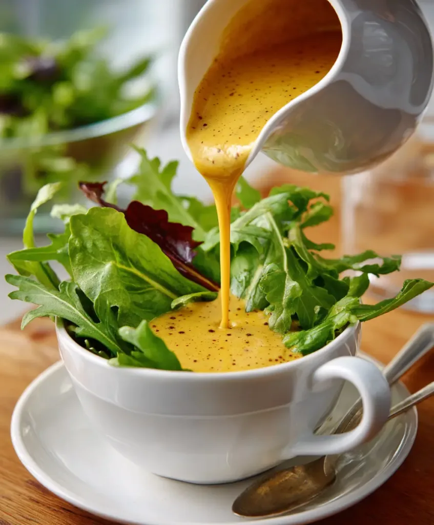 3 Ingredient Honey Mustard: Creamy, Tangy and Better Than Any Bottle 10 3 ingredient honey mustard dressing being poured over a green salad