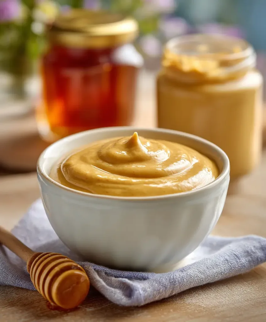 3 Ingredient Honey Mustard: Creamy, Tangy and Better Than Any Bottle 11 3 ingredient honey mustard sauce final beauty shot in white bowl with Dijon jar and honey in background