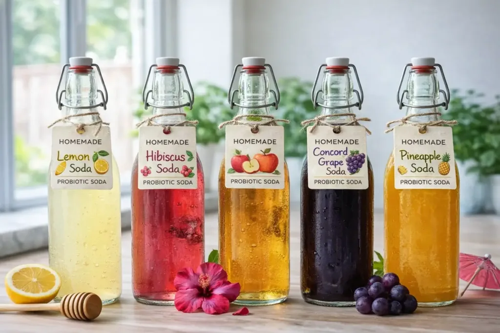 Homemade the best probiotic sodas recipe in glass bottles including lemon, hibiscus, apple, grape, and pineapple flavors on a kitchen counter