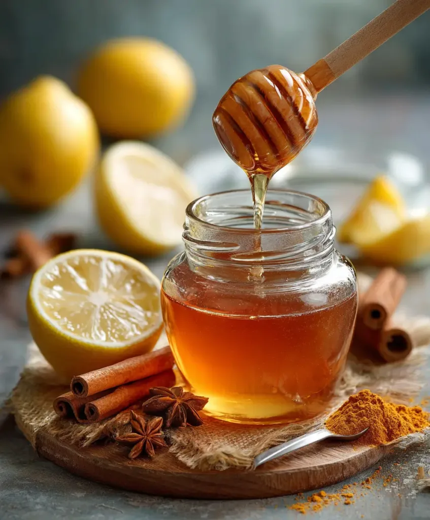 Asian Honey Protocol Recipe 2 raw honey with turmeric cinnamon and lemon in glass jar
