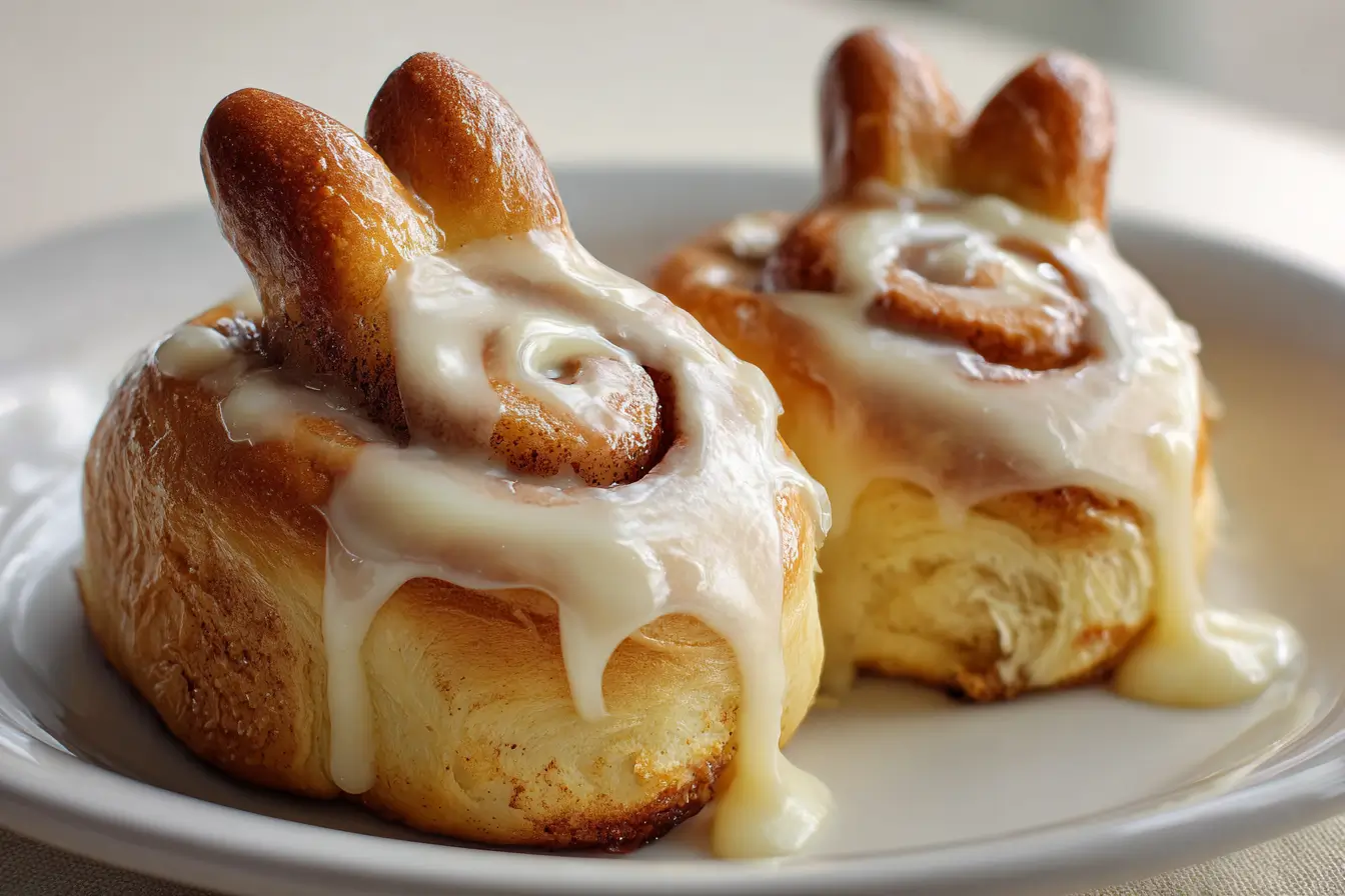 Soft bunny-shaped cinnamon rolls topped with creamy icing on a white plate , Easter Bunny Cinnamon Rolls