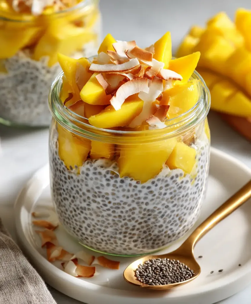 Chia seed pudding breakfast jar with mango and coconut flakes