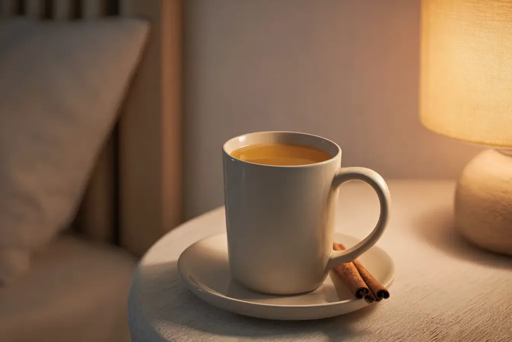 Top 7 Cinnamon Water Benefits (Skin, Hormones, Blood Sugar & Sleep) 5 White ceramic mug of cinnamon water on a bedside table in warm lamp light , Cinnamon Water Benefits