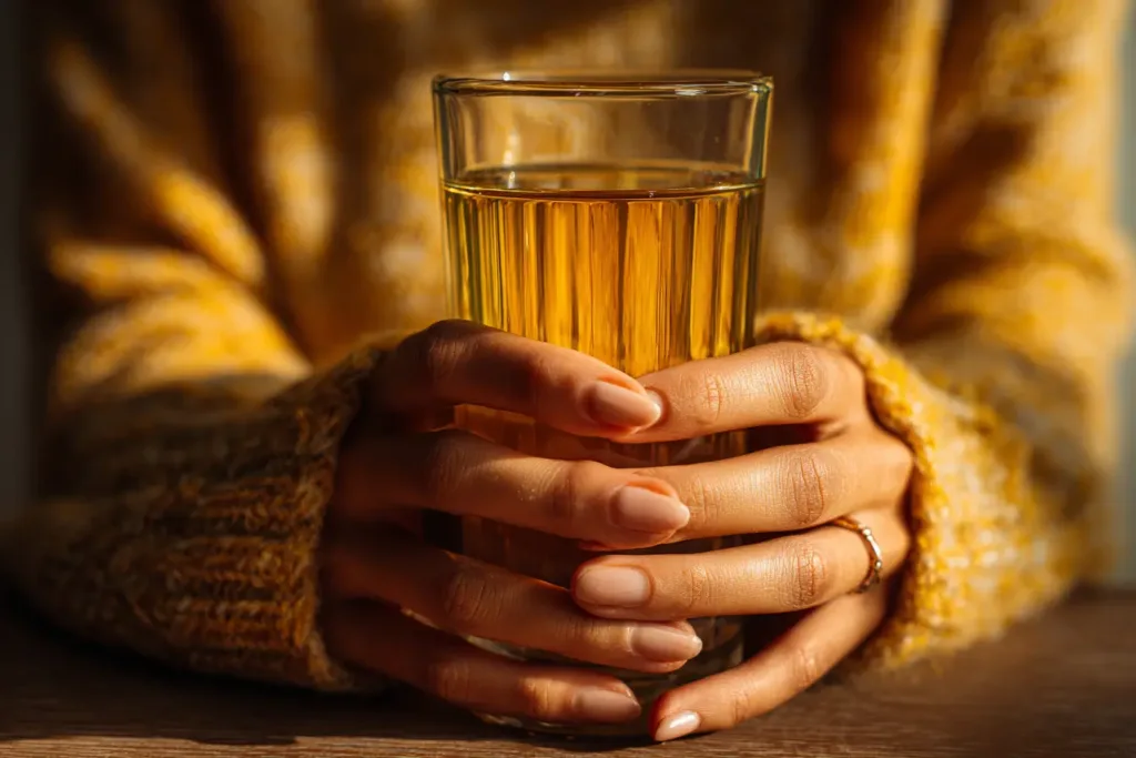 Top 7 Cinnamon Water Benefits (Skin, Hormones, Blood Sugar & Sleep) 4
Woman's hands holding a warm glass of cinnamon water in a cozy morning setting ,Cinnamon Water Benefits