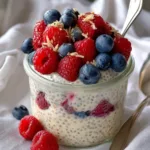 Creamy chia seed pudding recipe in a glass jar topped with fresh berries