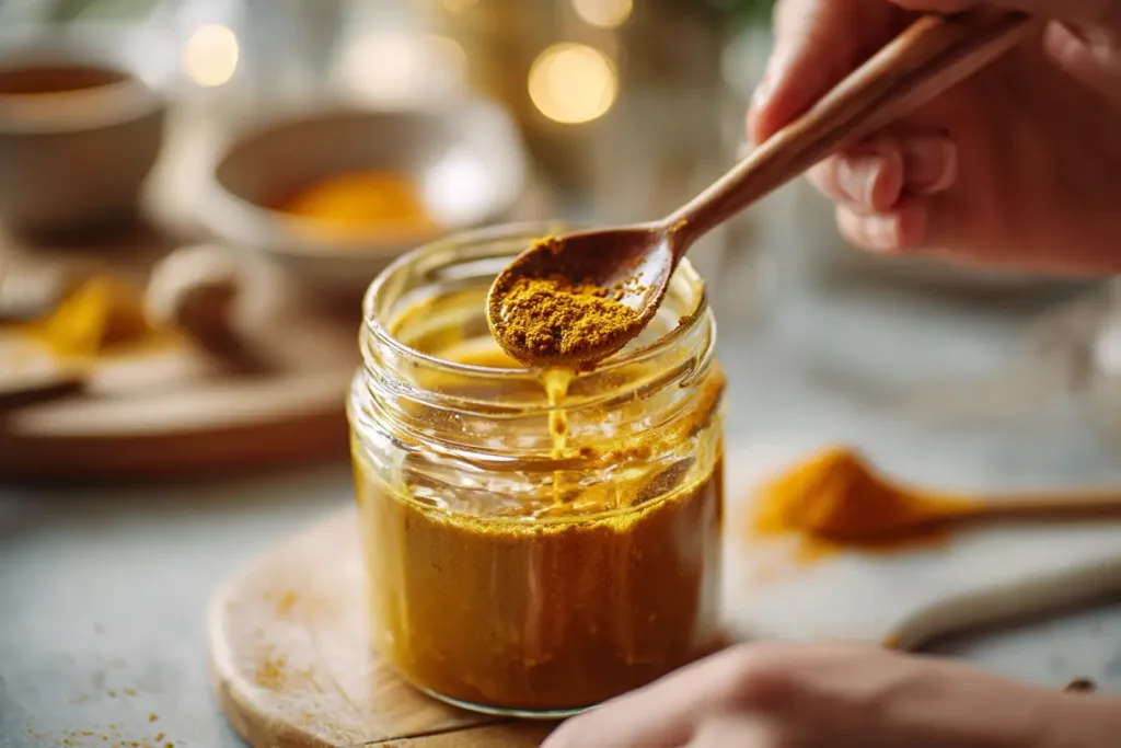 Dr Gupta Honey Recipe: The Golden Blend That's Worth Making at Home 2 golden turmeric honey blend in a glass jar with a wooden spoon ,Dr Gupta Honey Recipe