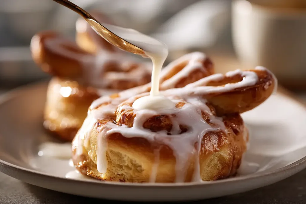 White cream cheese icing being drizzled from a spoon over warm golden Easter bunny cinnamon rolls on a white plate , Easter Bunny Cinnamon Rolls