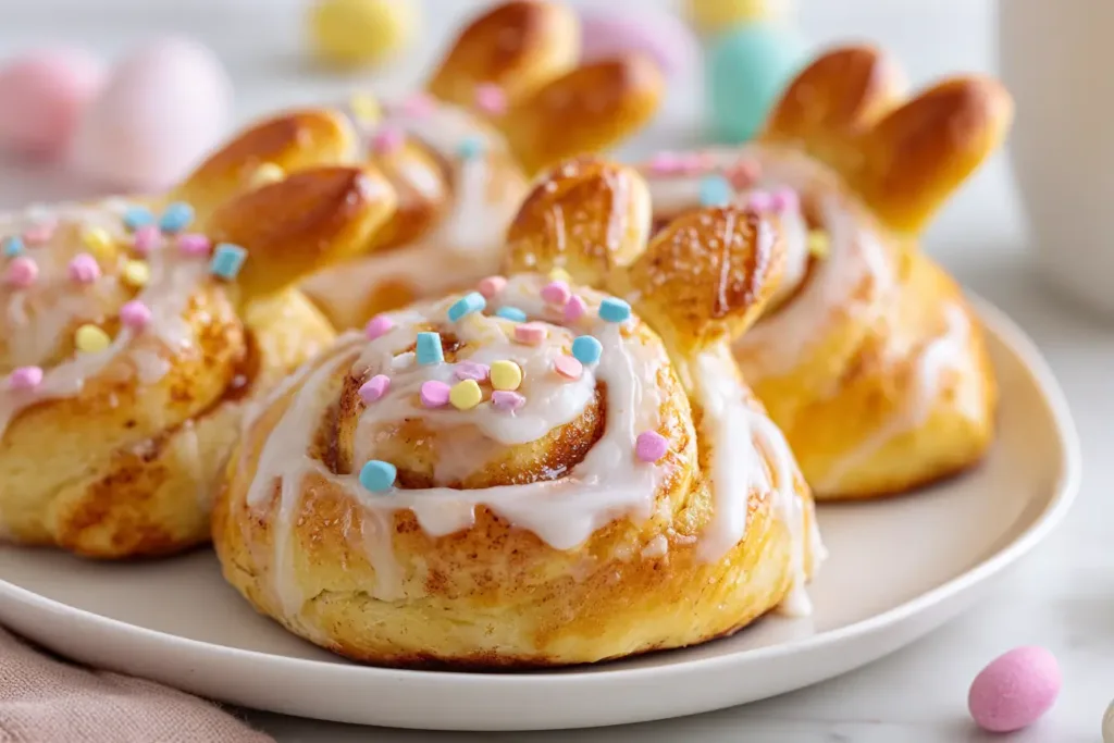 Golden bunny-shaped cinnamon rolls with icing and pastel sprinkles on a white plate, Easter Bunny Cinnamon Rolls