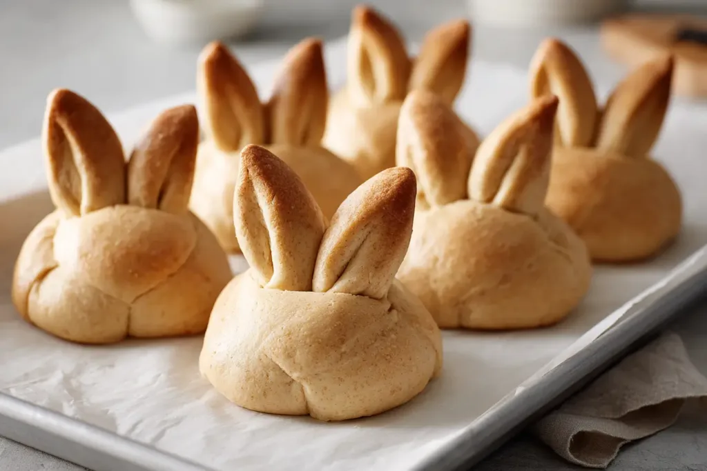 Five raw Easter bunny shaped Pillsbury cinnamon rolls with pinched ears on a parchment lined baking tray ready for the oven , Easter Bunny Cinnamon Rolls