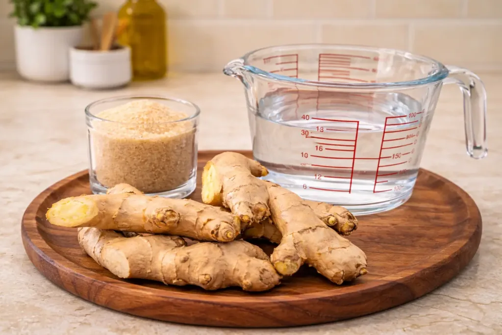 How to Make Probiotic Soda: 5 Easy Steps to a Healthy Drink 5 fresh ginger roots with sugar and water in measuring cup on wooden tray , How to Make Probiotic Soda