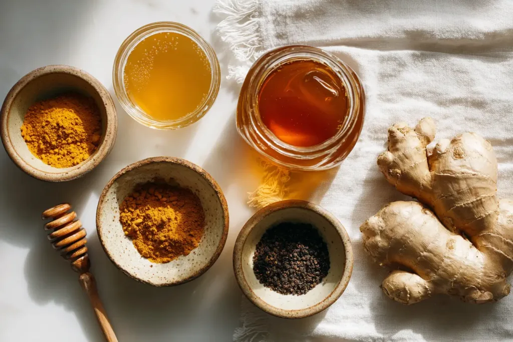 Dr Gupta Honey Recipe: The Golden Blend That's Worth Making at Home 4 Top view of raw honey, turmeric, cinnamon, black pepper, and fresh ginger arranged in small bowls on a light surface ,Dr Gupta Honey Recipe