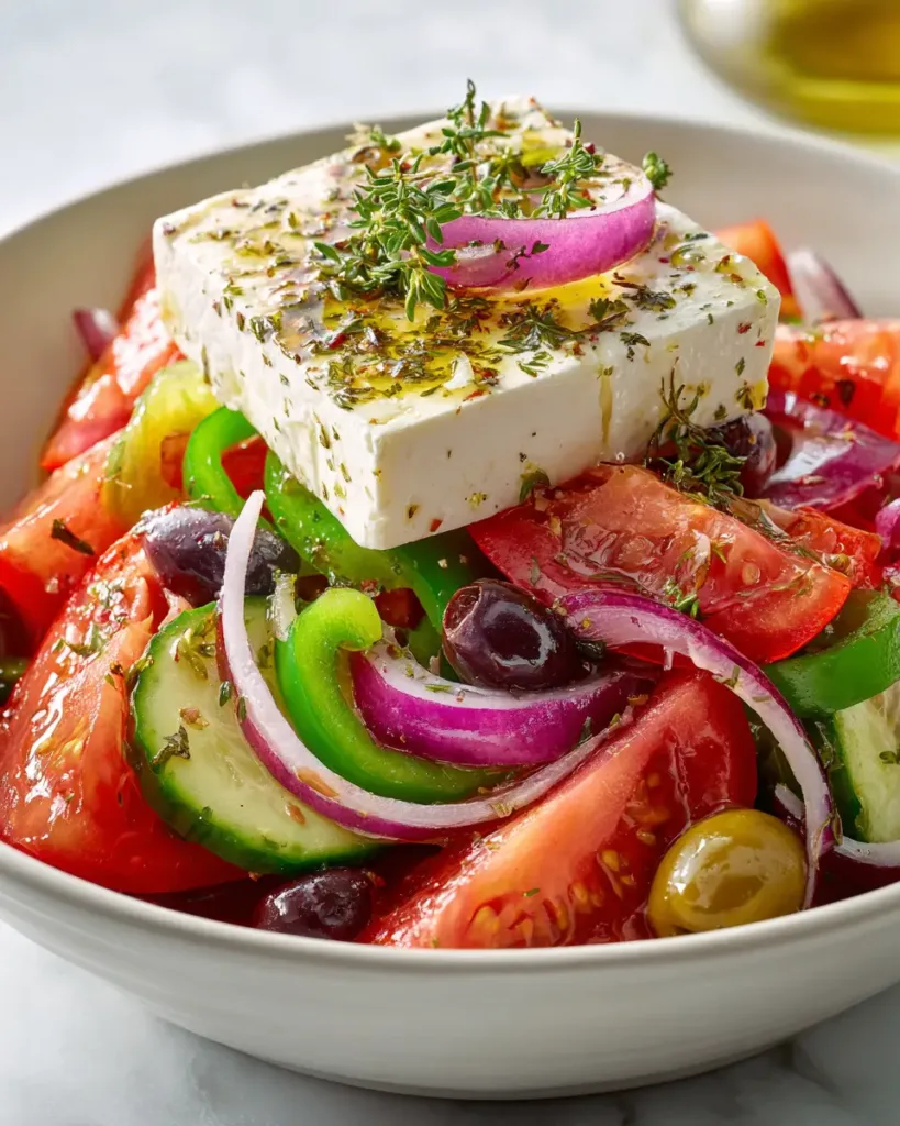 easy greek salad recipe horiatiki style with juicy tomatoes, feta, and simple dressing for a fresh