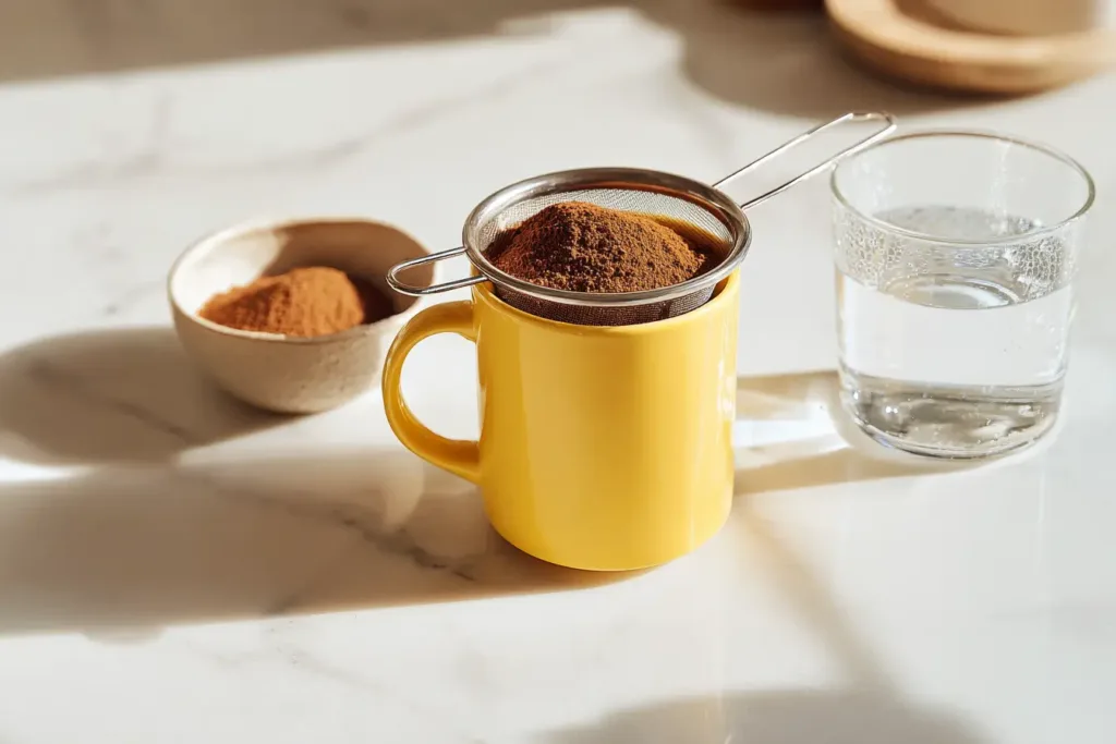 Top 7 Cinnamon Water Benefits (Skin, Hormones, Blood Sugar & Sleep) 6 Ground cinnamon in a strainer over a yellow mug with hot water beside it ,Cinnamon Water Benefits