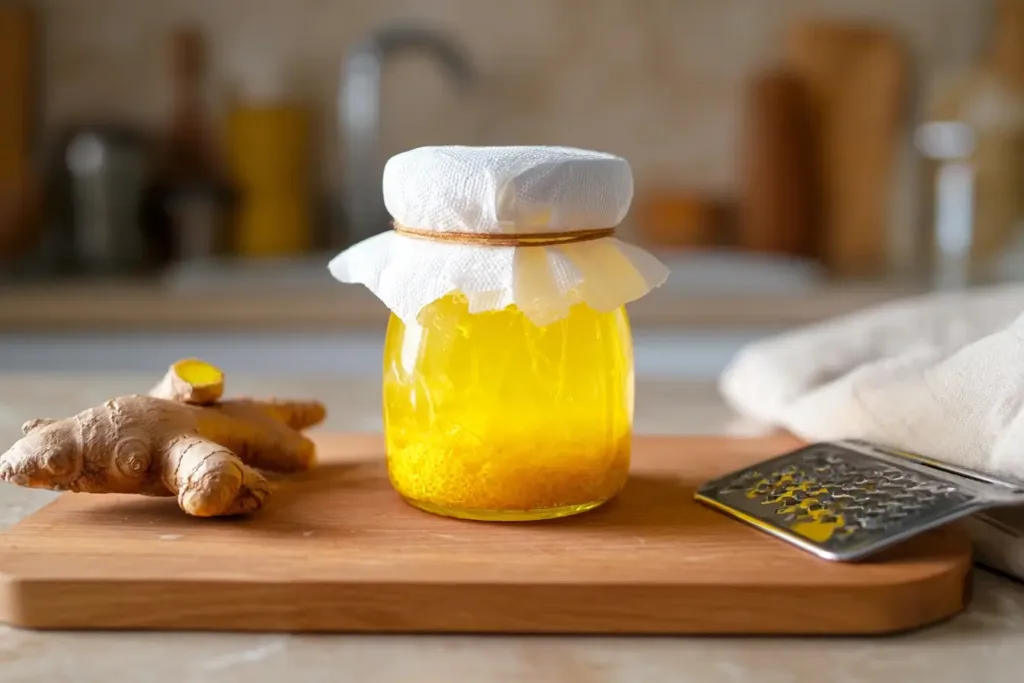 How to Make Probiotic Soda: 5 Easy Steps to a Healthy Drink 4 Homemade ginger bug ferment in a glass jar with paper towel cover on a wooden board with fresh ginger and grater in a cozy kitchen . How to Make Probiotic Soda