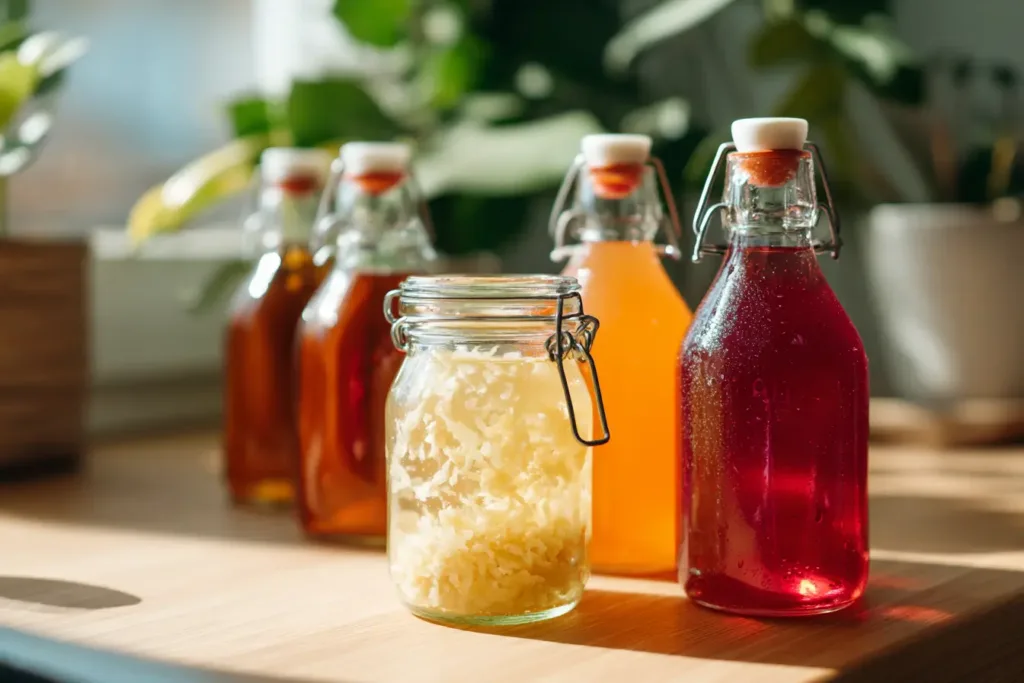 How to Make Probiotic Soda: 5 Easy Steps to a Healthy Drink 2 Glass jar of ginger bug starter with colorful probiotic soda bottles on a wooden table in a bright kitchen ,How to Make Probiotic Soda