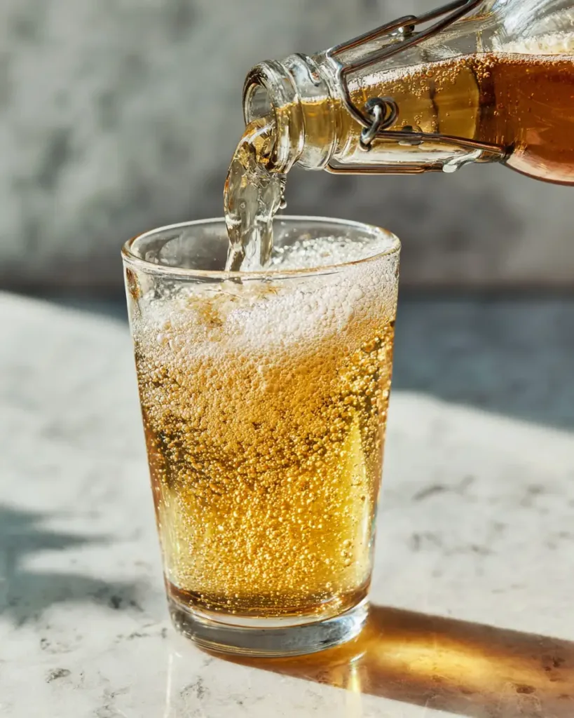 How to Make Probiotic Soda: 5 Easy Steps to a Healthy Drink 7 Fizzy homemade probiotic soda being poured from a glass bottle into a clear glass ,How To Make Probiotic Soda