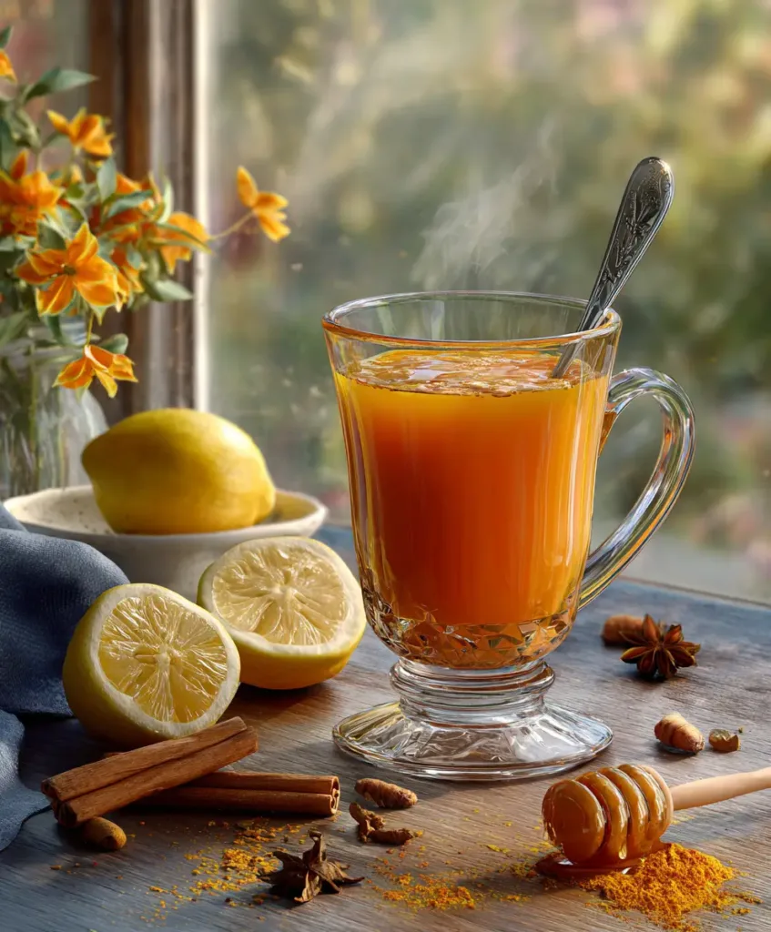 Asian Honey Protocol Recipe 5 warm lemon honey turmeric drink in glass mug
