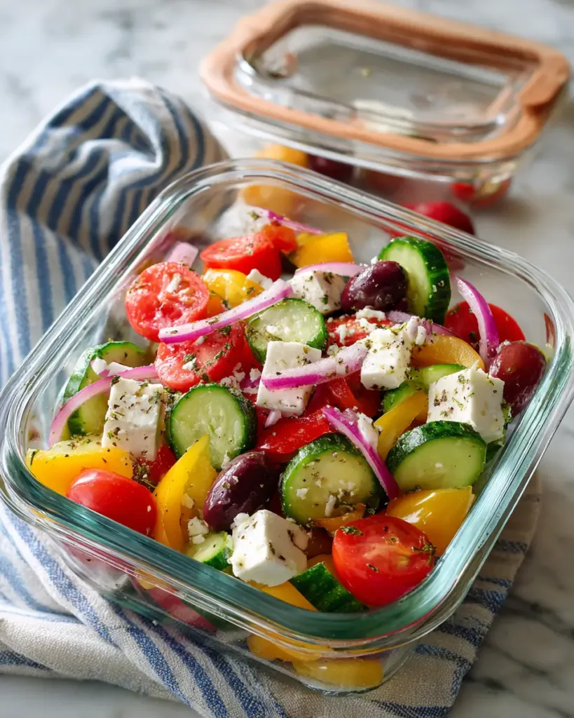 Greek salad recipe stored in a glass container for leftovers