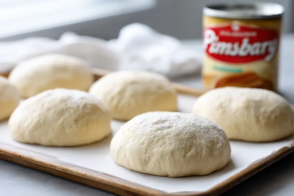 Close front angle shot of five raw Pillsbury Grands cinnamon rolls placed on a white parchment lined baking sheet, the open can visible at the edge, bright natural kitchen light, real food photography, no overhead ,Easter Bunny Cinnamon Rolls
