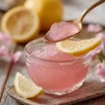 Spoon scooping soft Pink Gelatin Trick dessert from glass bowl with fresh lemon slices