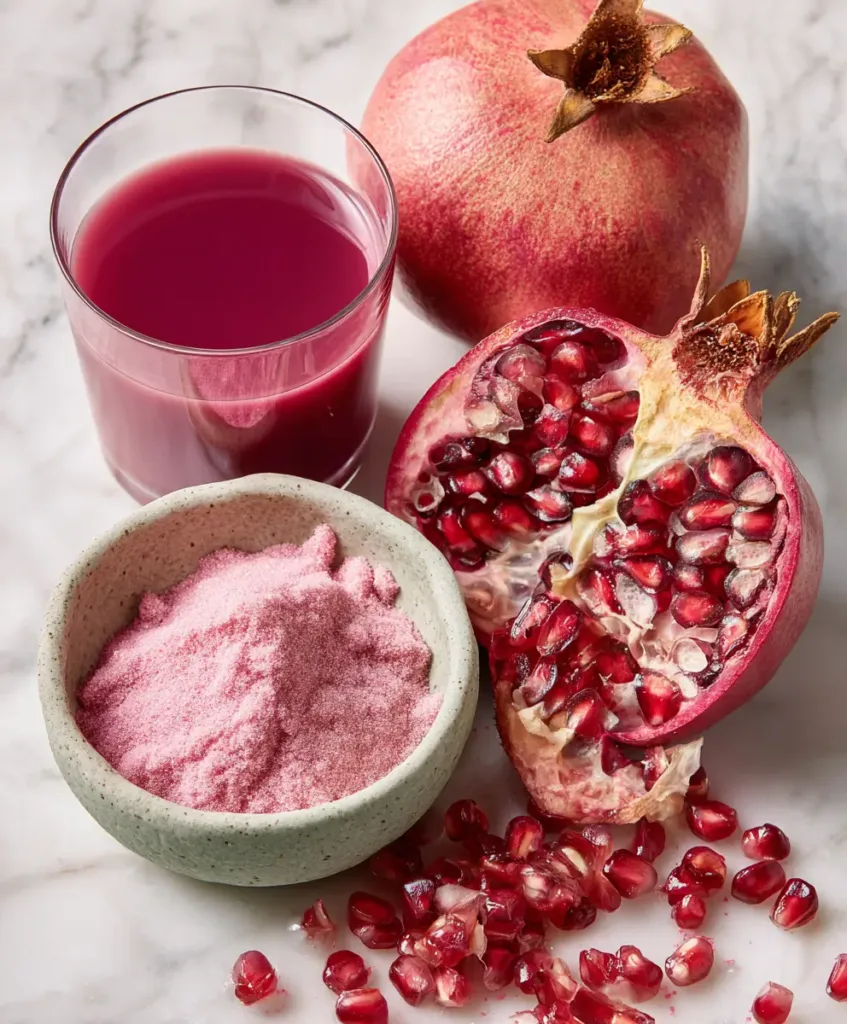 Pink gelatin powder with fresh pomegranate and pomegranate juice on marble surface
