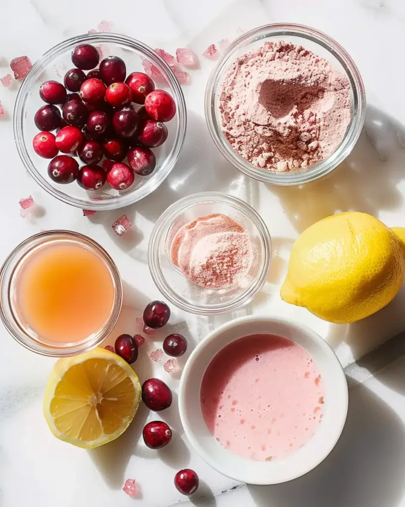 Flat lay of pink gelatin powder, lemon, cranberries, and juice on marble surface