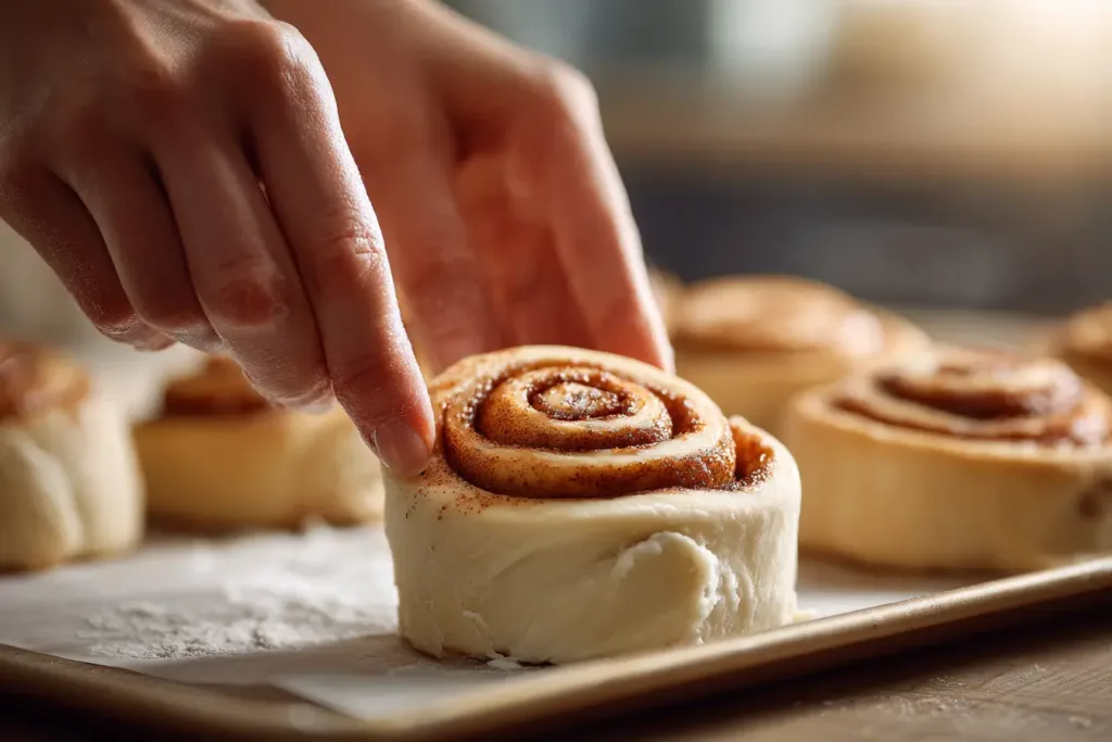 Hands pulling the outer edge of a Pillsbury cinnamon roll up and into a bunny ear shape on a baking sheet ,Easter Bunny Cinnamon Rolls