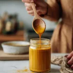 Hands stirring golden turmeric honey blend in a glass jar with a wooden spoon ,Dr Gupta Honey Recipe