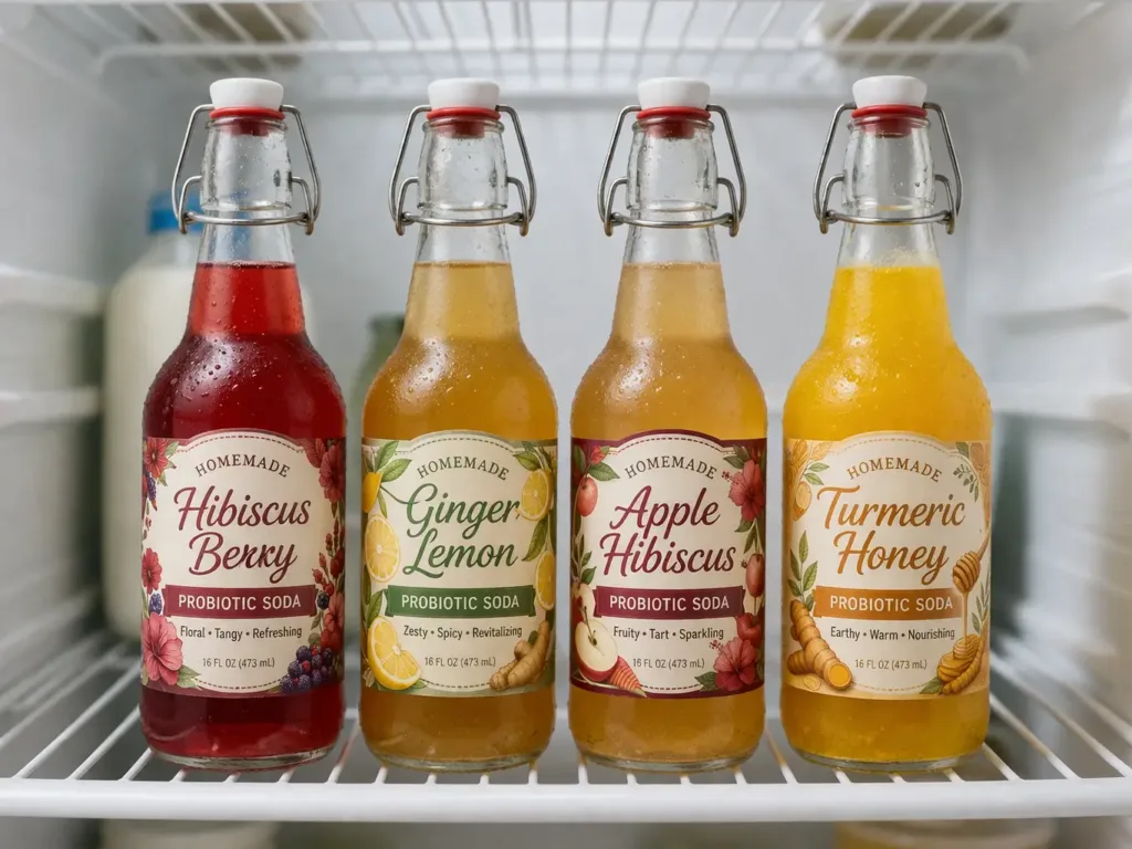 Homemade probiotic soda bottles in a refrigerator including hibiscus berry, ginger lemon, apple hibiscus, and turmeric honey flavors