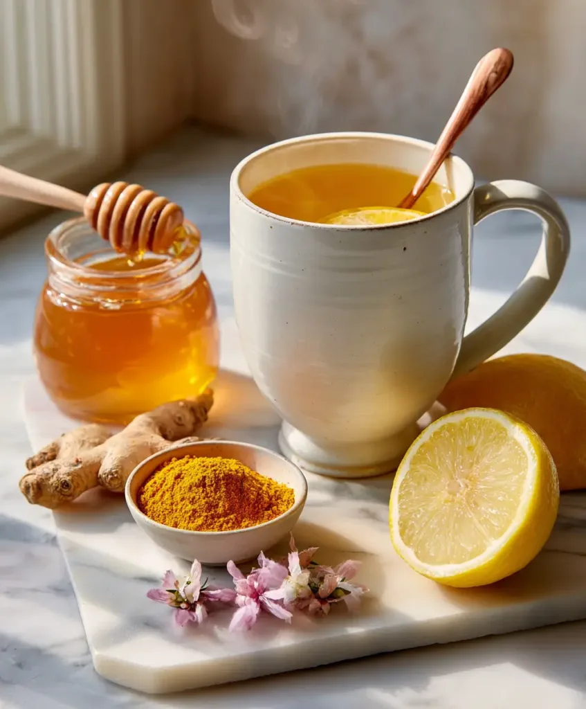 Ben Carson Honey Recipe for Brain Health 5 Ben Carson honey recipe morning ritual setup with mug, raw honey jar, and spices for brain health