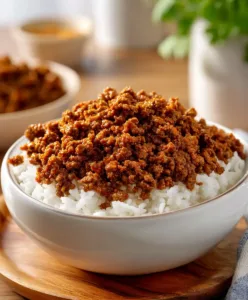 best boy kibble recipe in white bowl with seasoned ground beef and rice