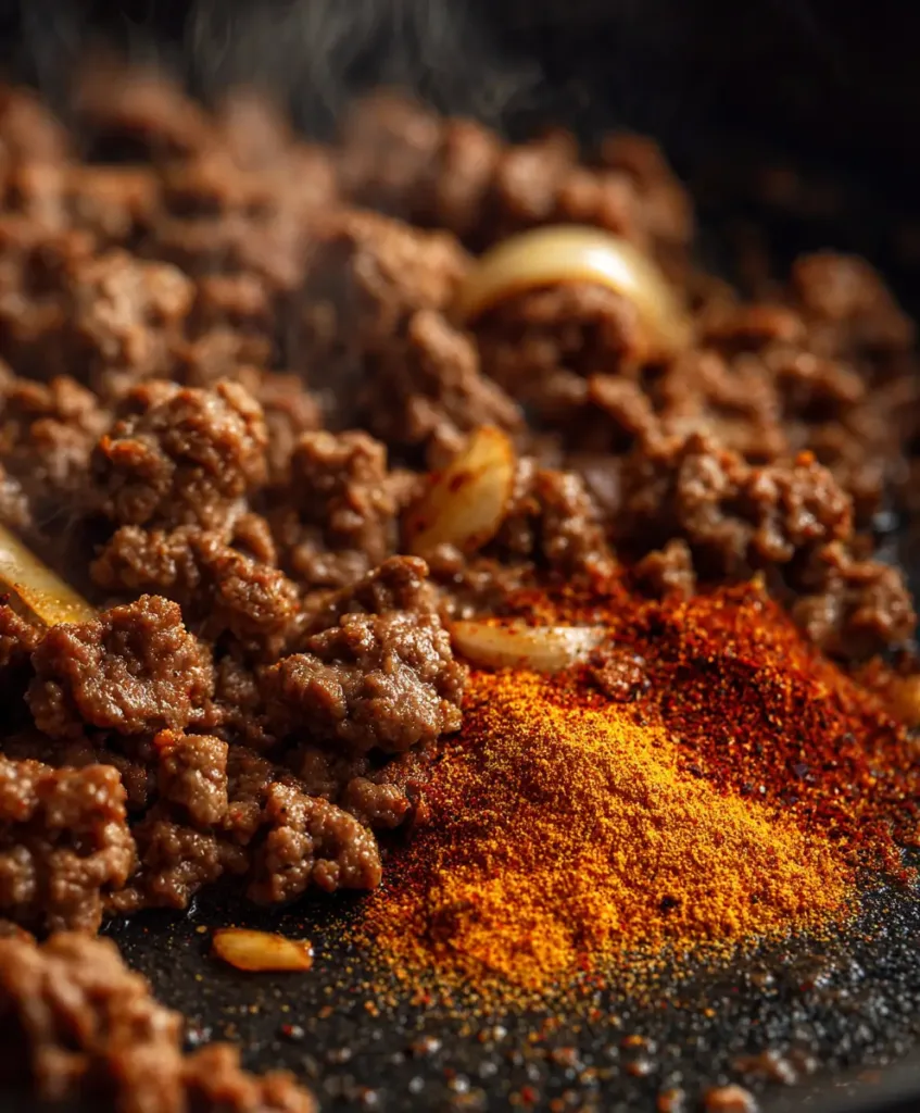  ground beef browning in skillet for best boy kibble recipe close up
