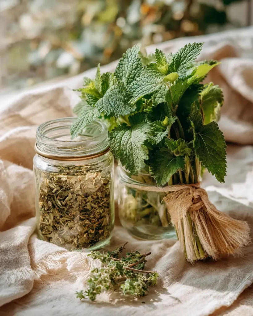 Lemon Balm for Weight Loss: Does This Herb Really Work? 6 Comparison of a glass jar of dried lemon balm and a bundle of fresh lemon balm leaves for weight loss tea