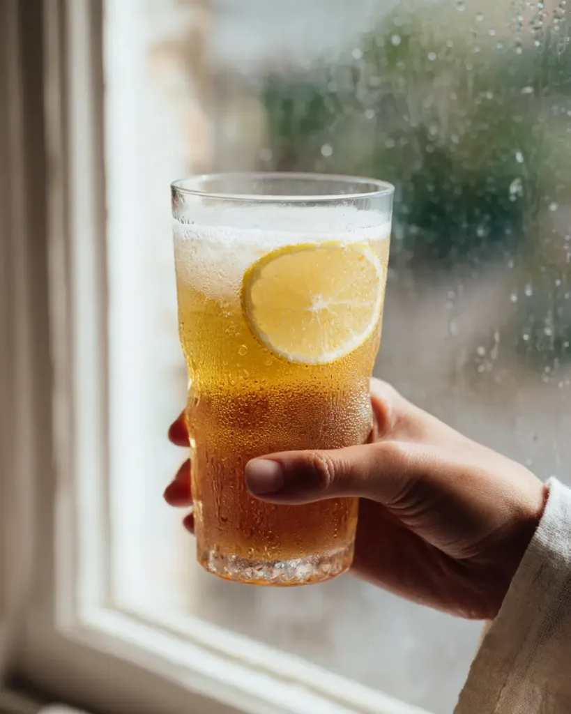 hand holding glass of best probiotic soda recipe ginger lemon homemade