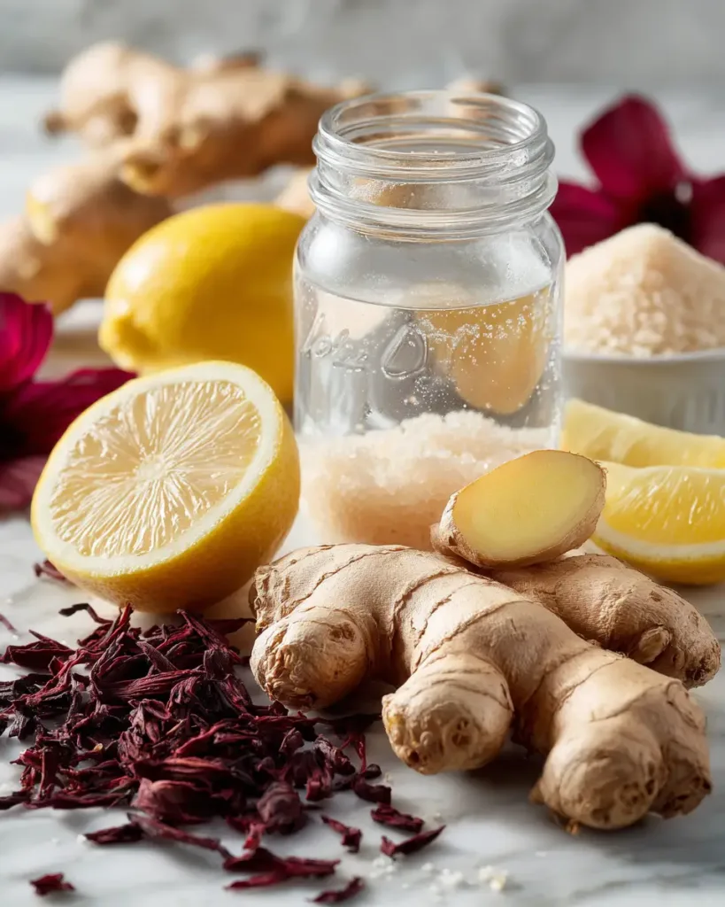 ingredients for best probiotic soda recipe including ginger lemon and cane sugar