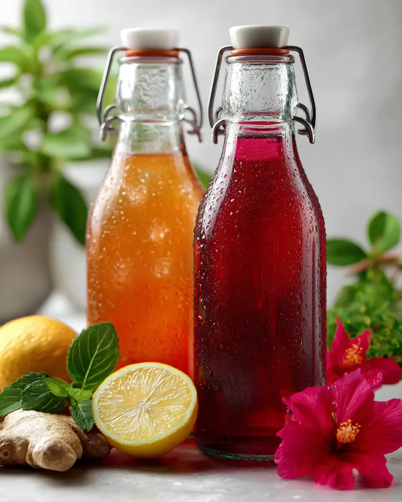 two bottles of best probiotic soda recipe ginger and hibiscus flavors