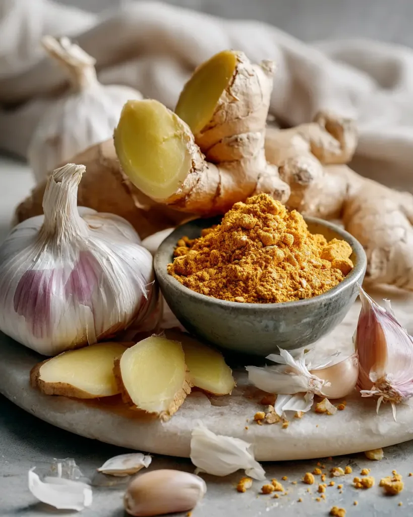 fresh ginger root ground turmeric garlic cloves and chicken bones for bone broth turmeric ginger