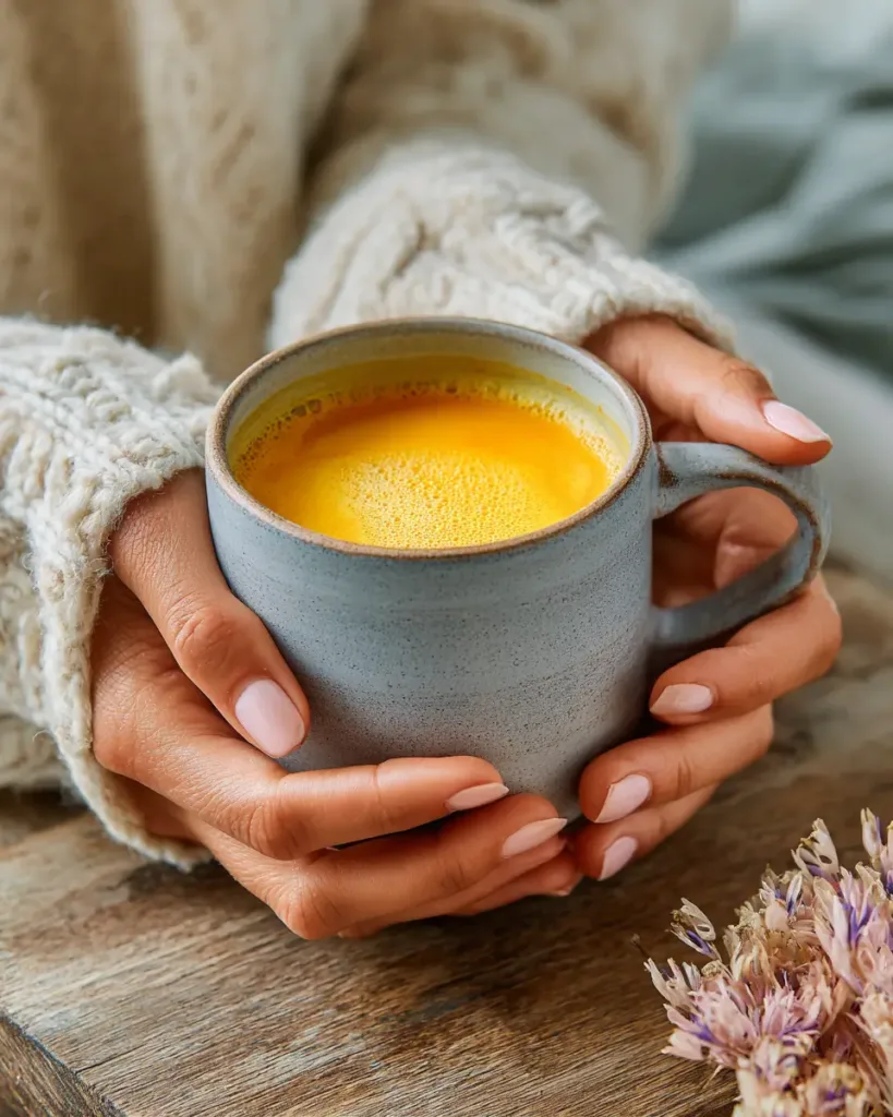 two hands holding a ceramic mug of warm bone broth turmeric ginger