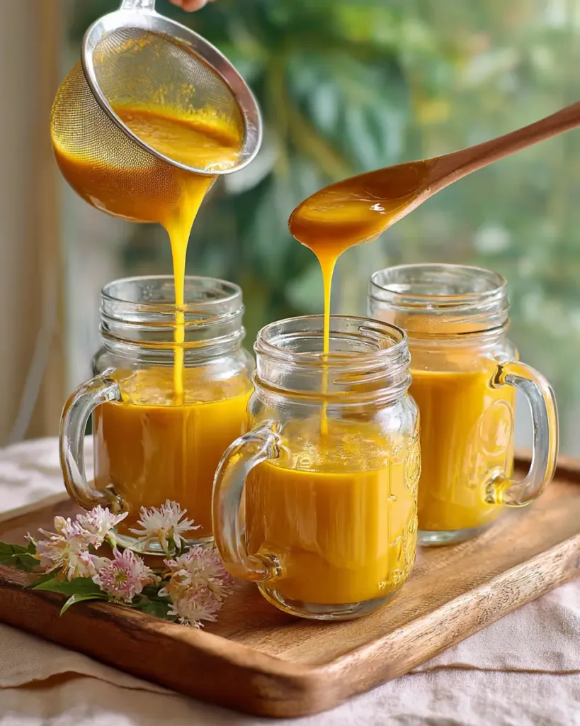 golden bone broth turmeric ginger being strained through a sieve into glass mason jars