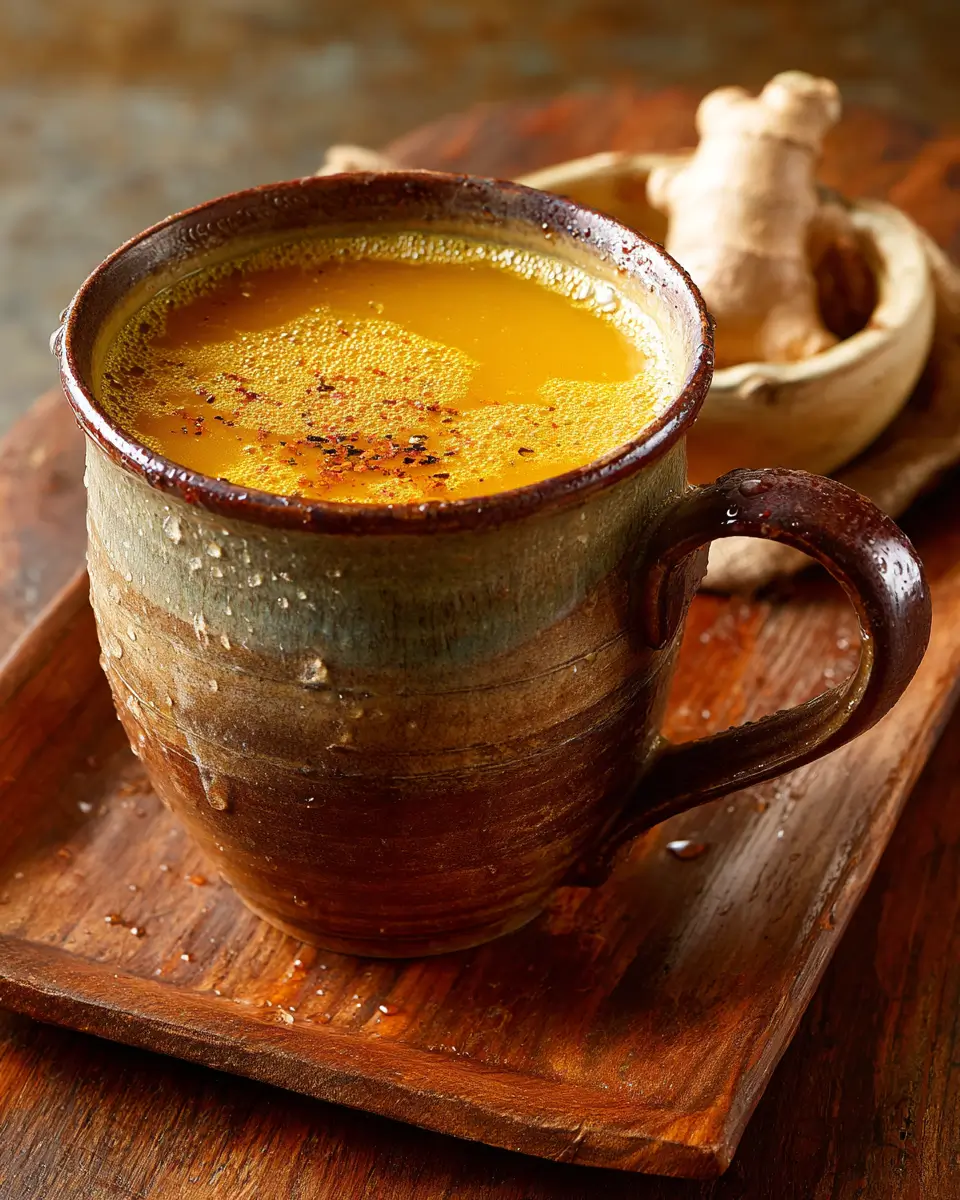 bone broth turmeric ginger in a rustic ceramic mug close-up golden color