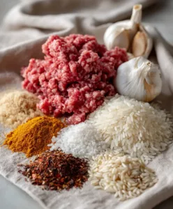 boy kibble recipe raw ingredients ground beef uncooked rice spices on surface