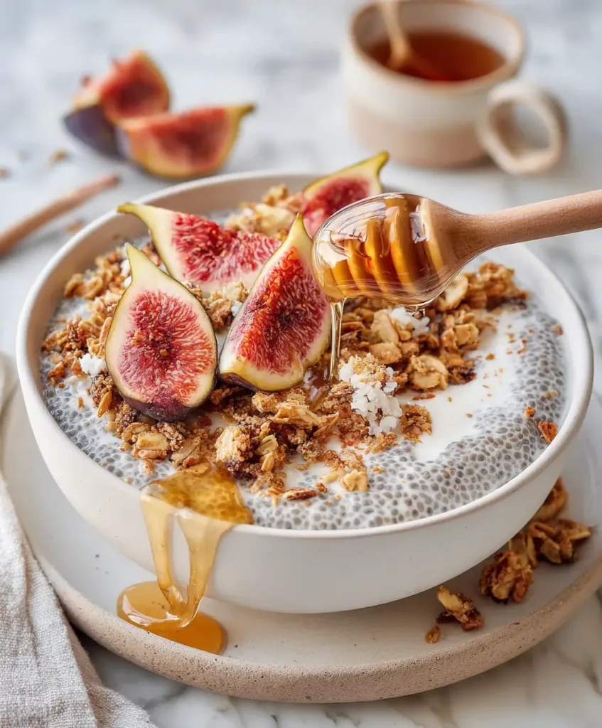  Chia seed pudding recipe topped with granola fresh figs and honey drizzle
