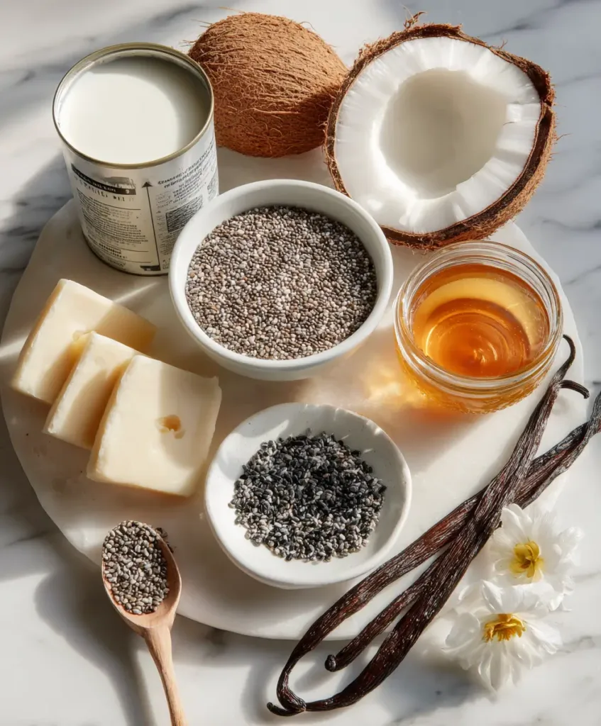 Chia seed pudding recipe ingredients including chia seeds coconut milk honey and vanilla